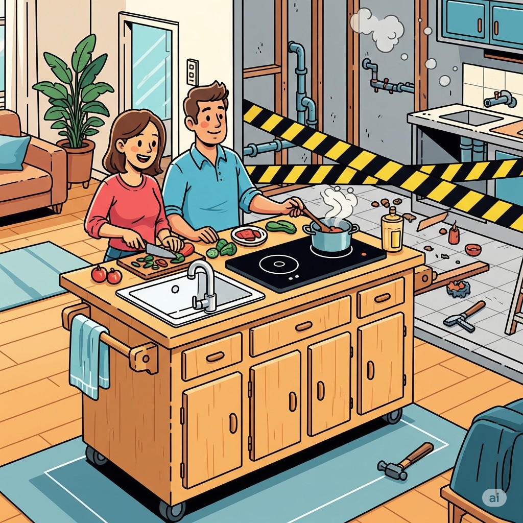 Family using a temporary kitchen while repairs are underway
