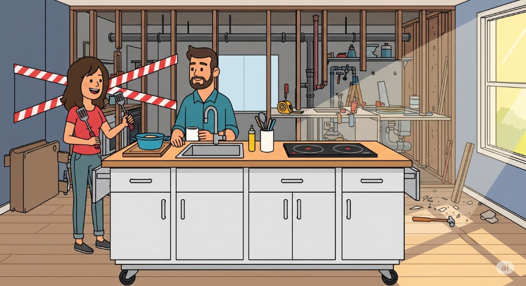 Illustration of a temporary kitchen being used during home repairs